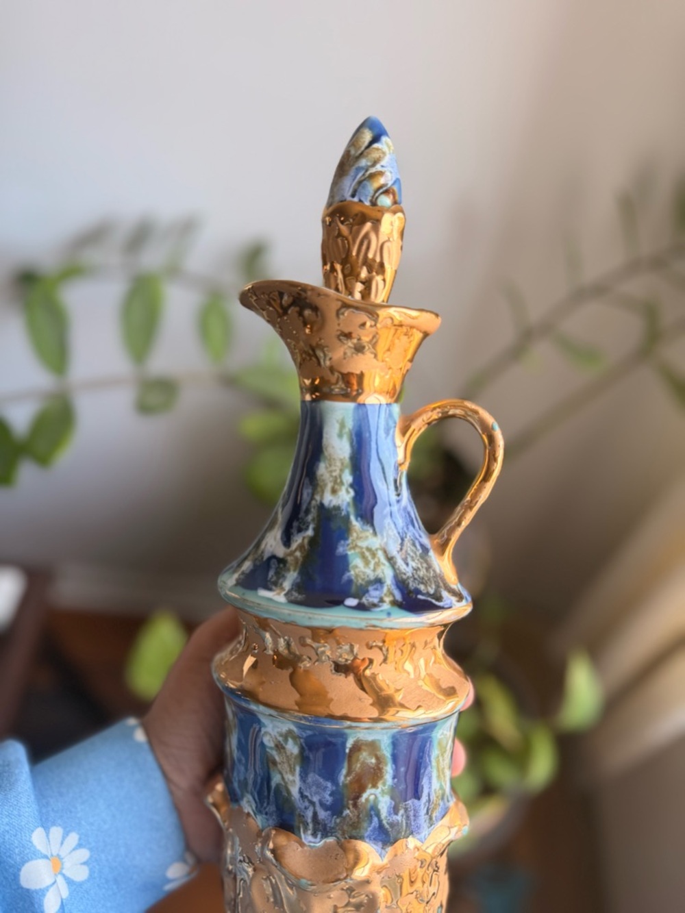 Blue and Gold Decorative Ceramic Ewer - Home Art Accent